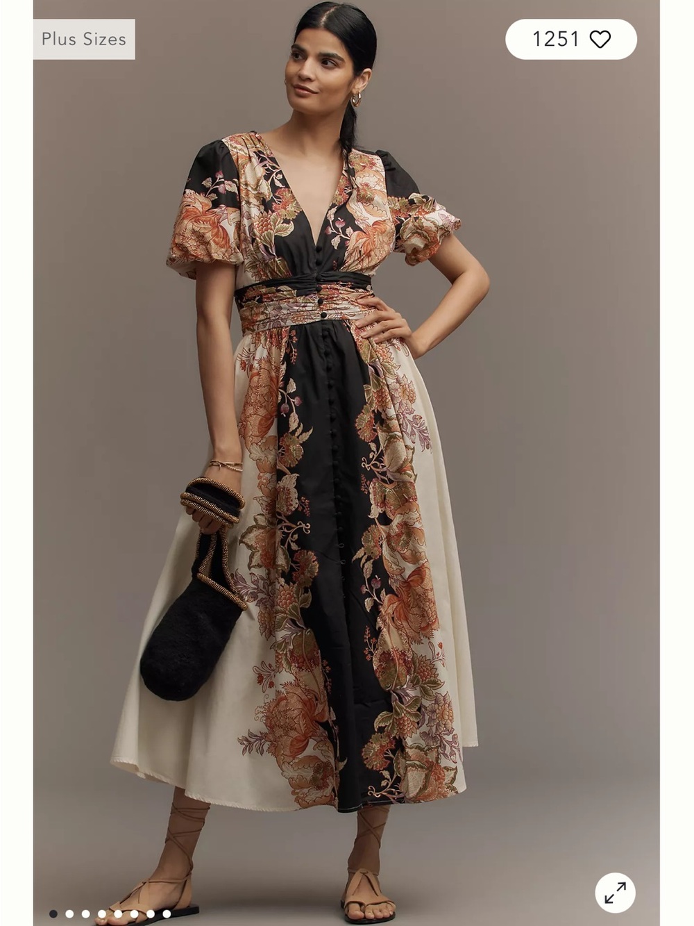 Anthropologie Black & Cream Floral Panel Midi Dress